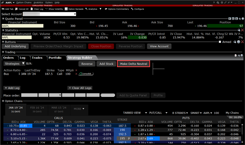 The make delta neutral option in TWS. 