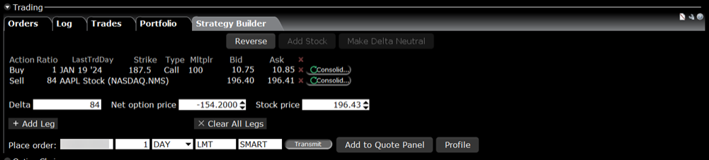 The delta neutral combo quote panel in TWS. 