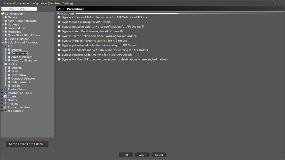 The TWS configuration API precautions menu. 