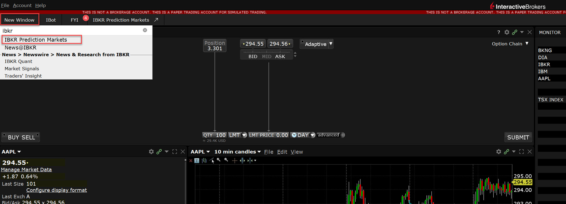 The IBKR Prediction Markets menu in TWS