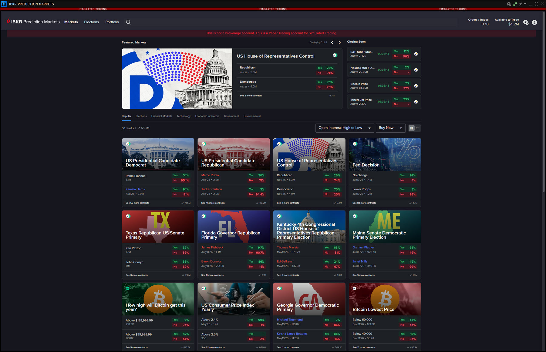 The IBKR Prediction Markets window in TWS. 