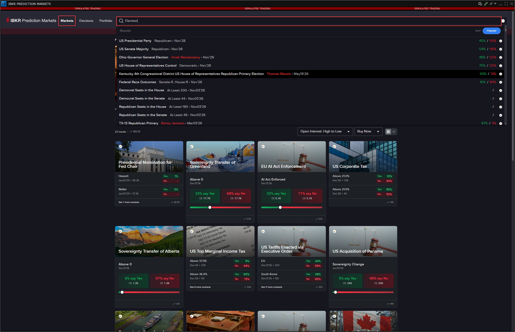 The IBKR Prediction Markets window search. 
