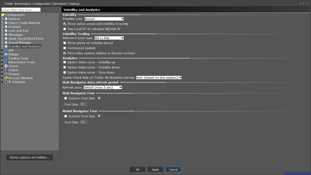 The volatility and analytics configuration page in TWS. 