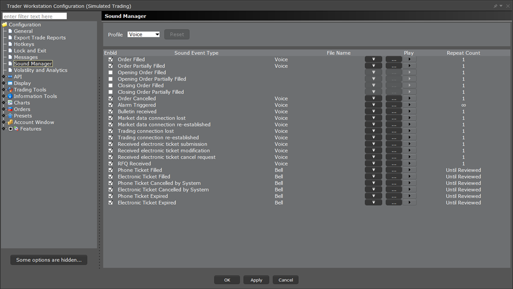 The TWS configuration sound manager menu. 