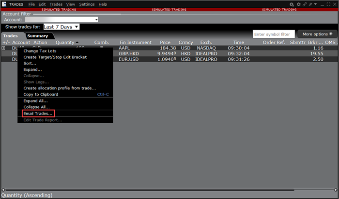 The Email Trade Reports menu in TWS. 