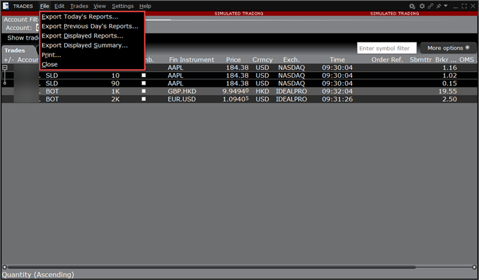 The Export Trade Reports menu in TWS. 