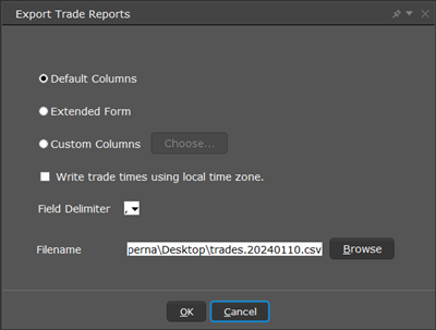 The Export Trade Reports configuration in TWS. 