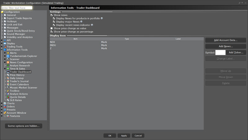 The TWS configuration trader dashboard menu. 