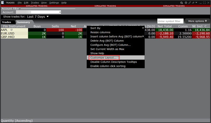 The Export Trade Reports customize layout in TWS. 