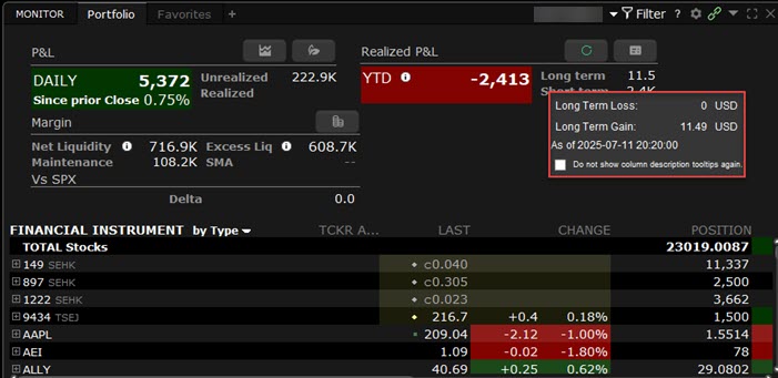 Hover Over Long Term or Short Term in TWS 